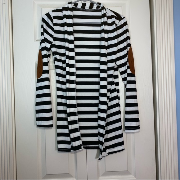 Merryfun Elbow Patch Striped Black White Cardigan Sweater - Picture 5 of 7